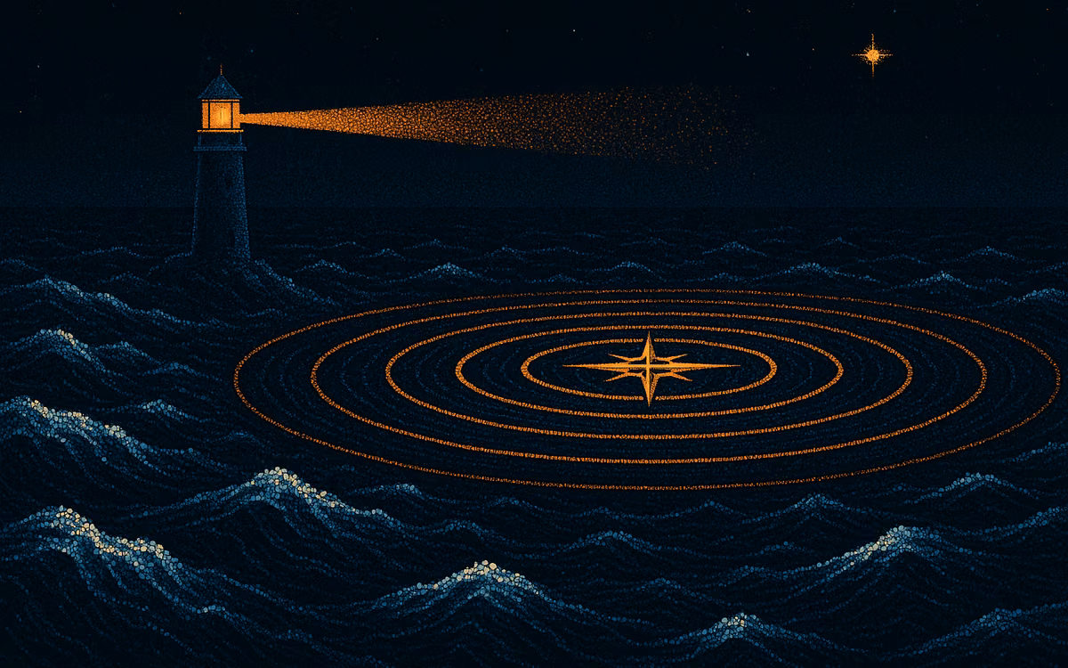 Concentric orange rings spreading across a dark sea from a compass rose. Artwork in the style of The Demand Compass.