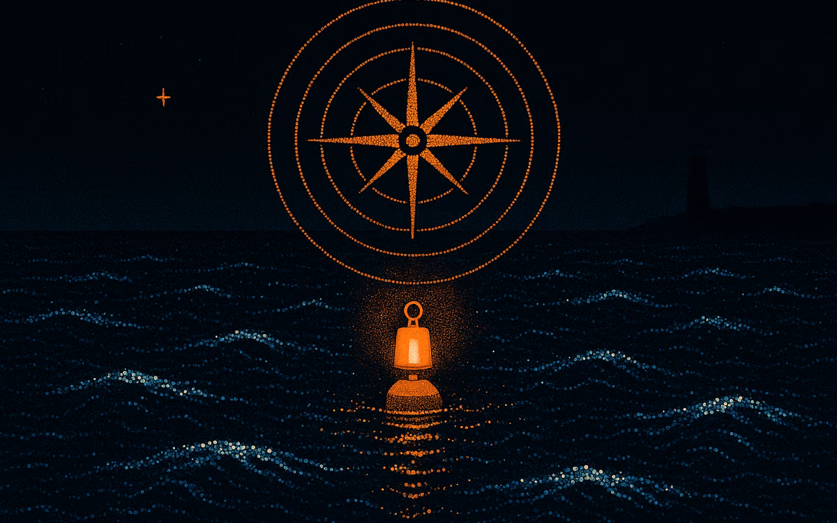 A lantern buoy glowing on a dark sea beneath a compass rose that absorbs its light as one point. Artwork from The Demand Compass.