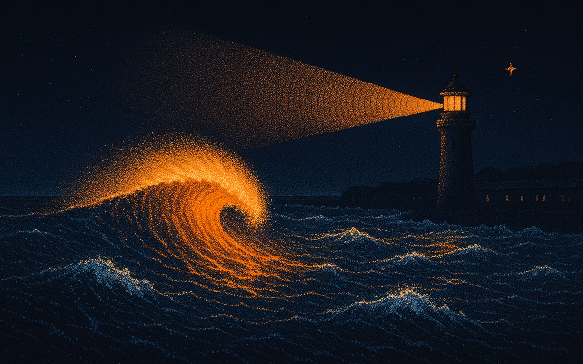 A glowing orange wave rolling across a dark sea while the harbor windows on the shore stay dark. Artwork from The Demand Compass.