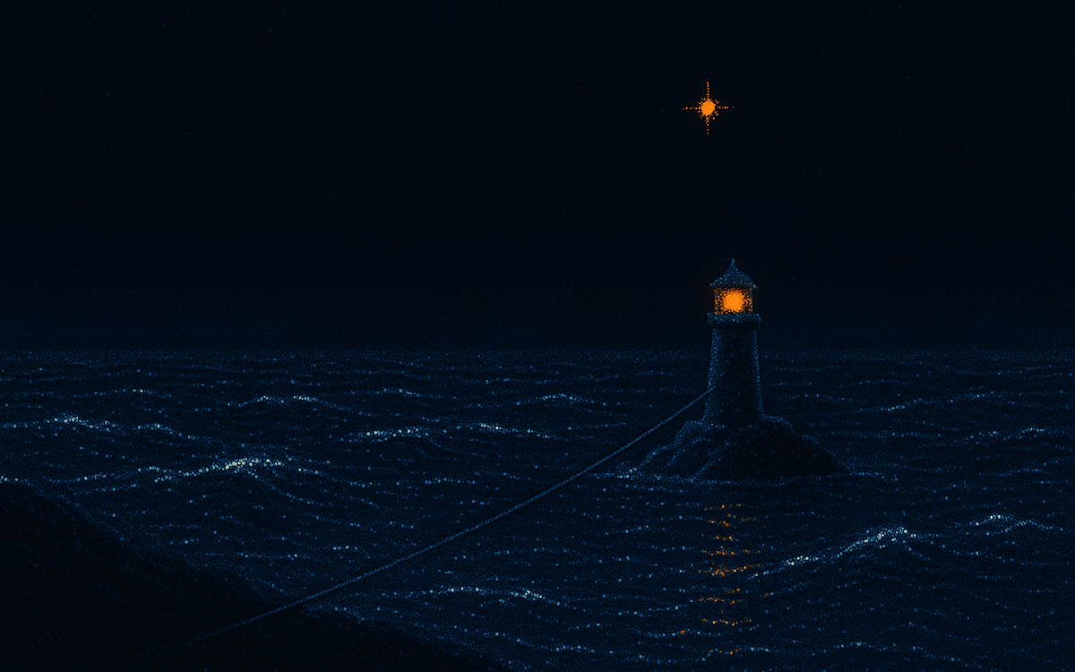 A lone lighthouse on a rock, its light down to an ember, one rope line to the shore. Artwork in the style of The Demand Compass.