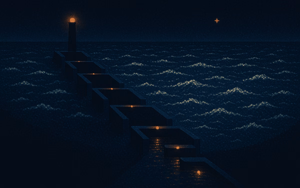 A chain of canal locks stepping down to a dark sea, fewer orange lights passing each gate until one bright light reaches the open water. Artwork from The Demand Compass.