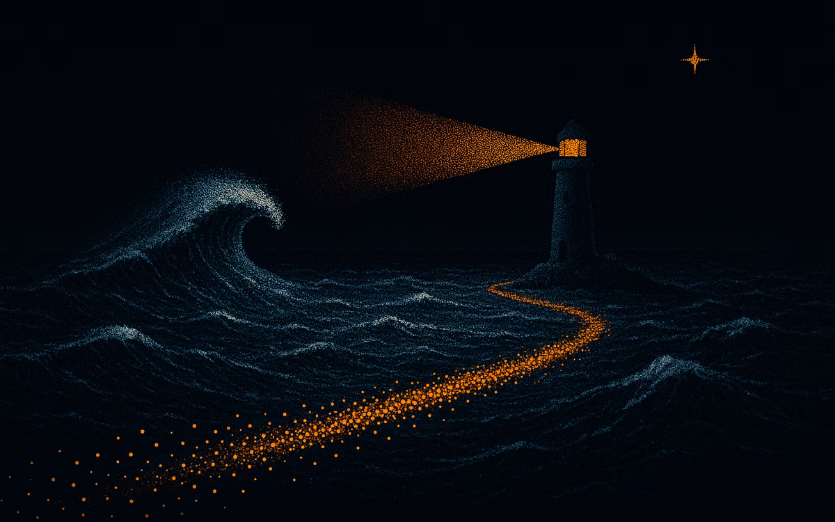 A path of orange dots crossing a dark sea toward a lighthouse, a wave rising beside it. Artwork from The Demand Compass.