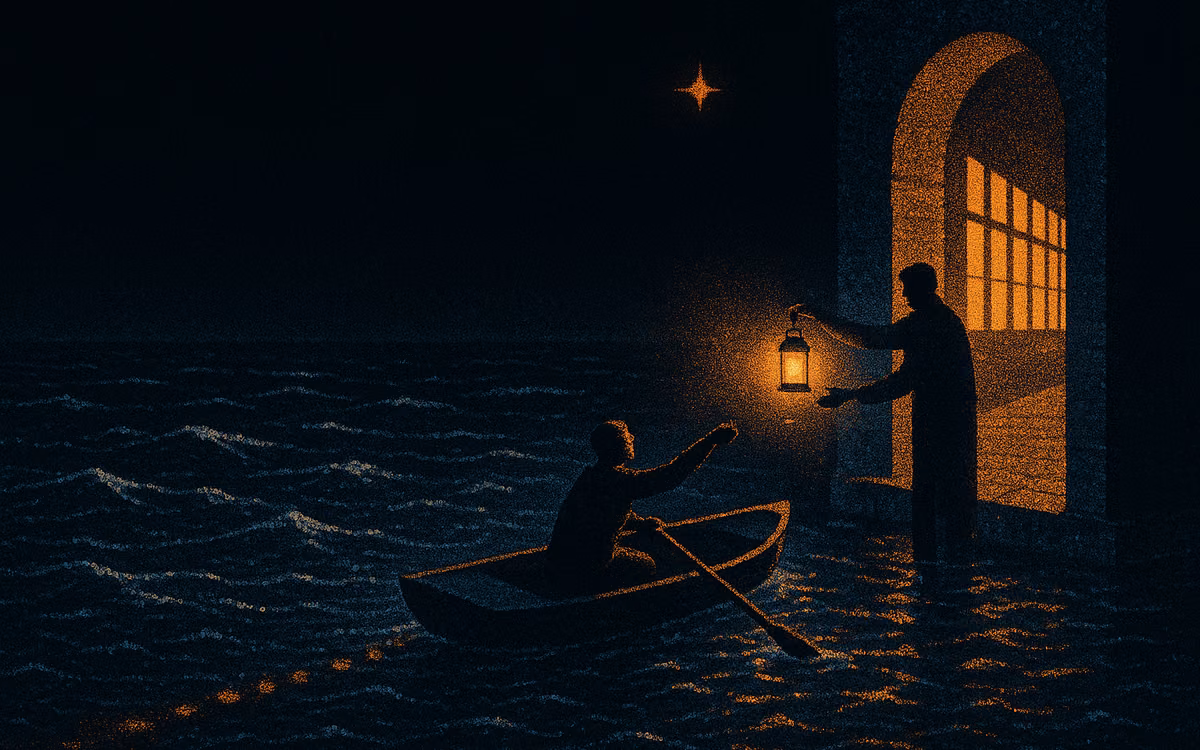 A rowboat at a harbor gate passing a lantern to a figure who carries it toward a hall of lit windows. Artwork from The Demand Compass.