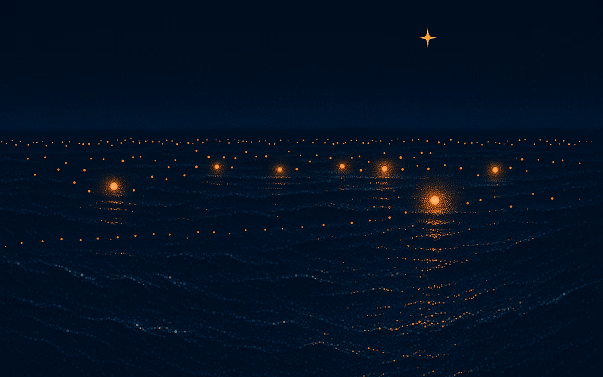Dozens of small orange lights scattered across a dark dotted sea, a few brighter than the rest. Artwork from The Demand Compass.