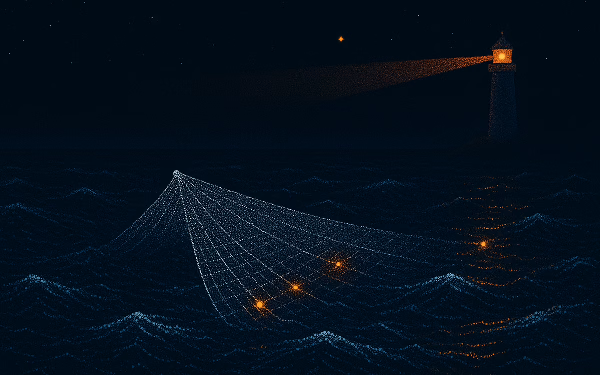 A net of white dots cast across a dark sea, a few knots glowing orange where the current runs strongest. Artwork from The Demand Compass.