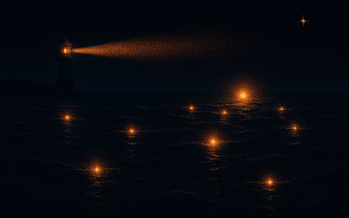 Small orange flares igniting across a dark dotted sea, three of them clustered into one brighter glow near the horizon. Artwork from The Demand Compass.