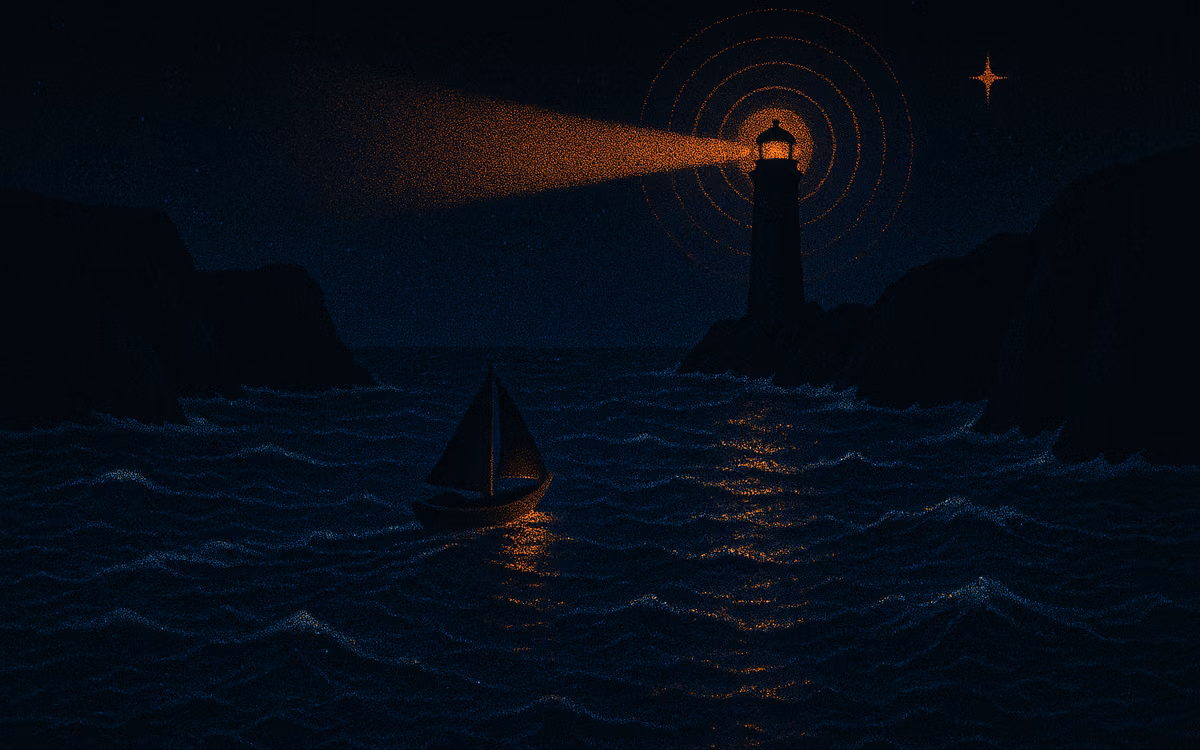 A ship easing through a night channel lit by a hidden lantern, only the light itself visible on the water ahead. Artwork from The Demand Compass.