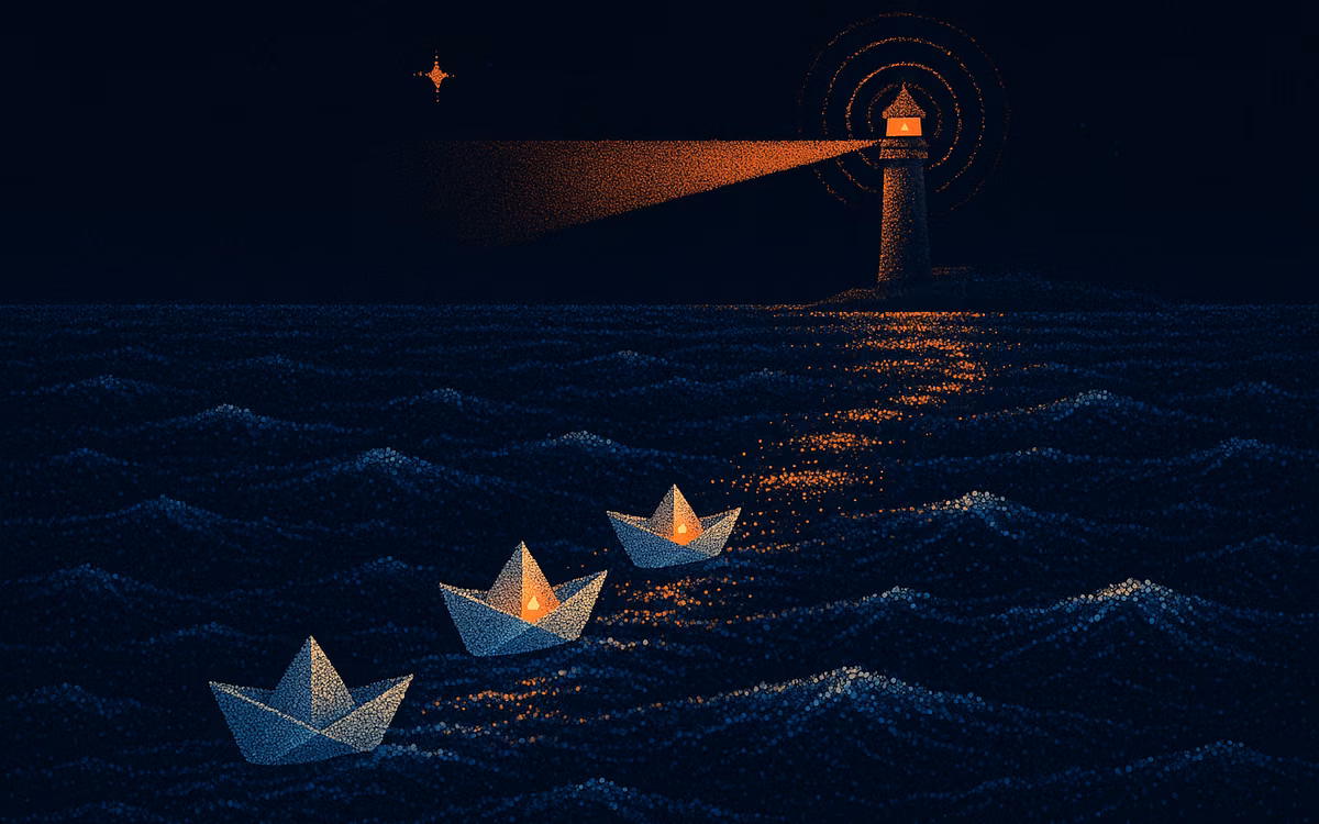 Three glowing paper boats in a row on a dark dotted sea, a fourth left unlit behind them. Artwork from The Demand Compass.
