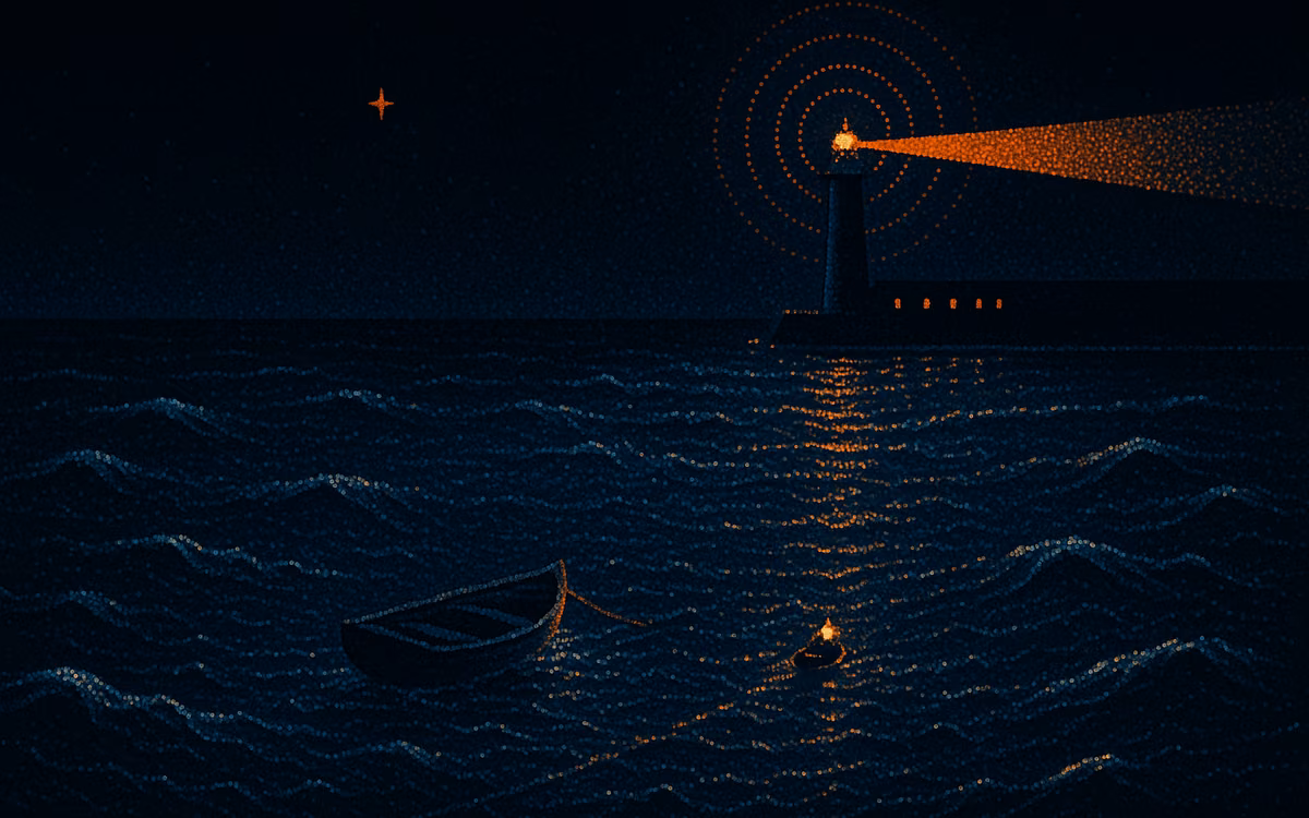 A small boat held at a rope line outside a harbor, a lantern rowing out to confirm it before the gate opens. Artwork from The Demand Compass.