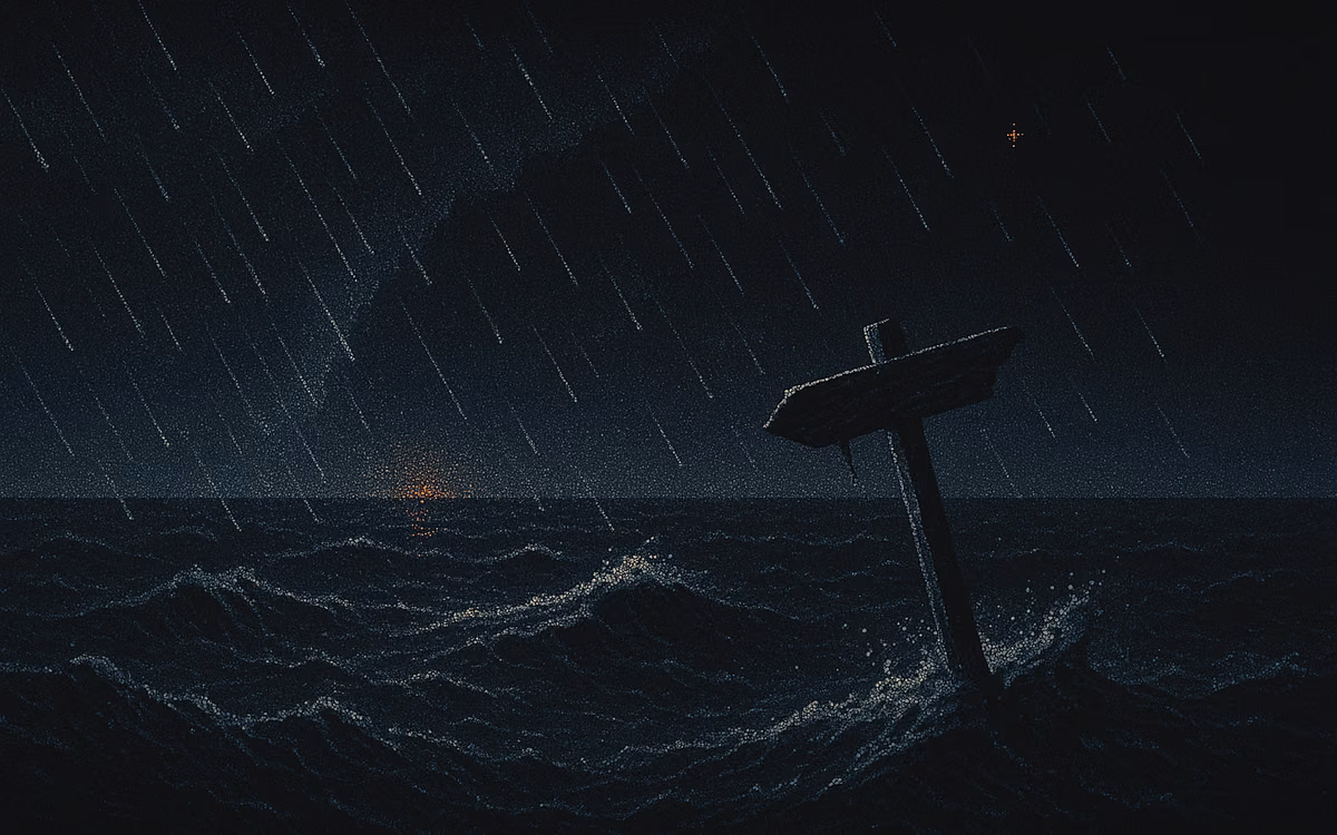 A storm over a dark dotted sea, a broken signpost sinking, one small light on the horizon. Artwork from The Demand Compass.