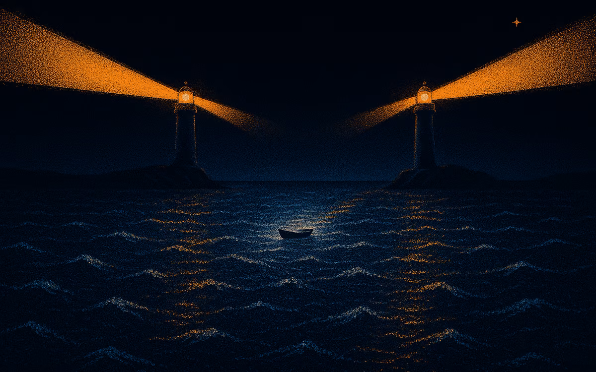 Two lighthouse beams crossing over a dark sea and missing each other, a small boat between them. Artwork in the style of The Demand Compass.