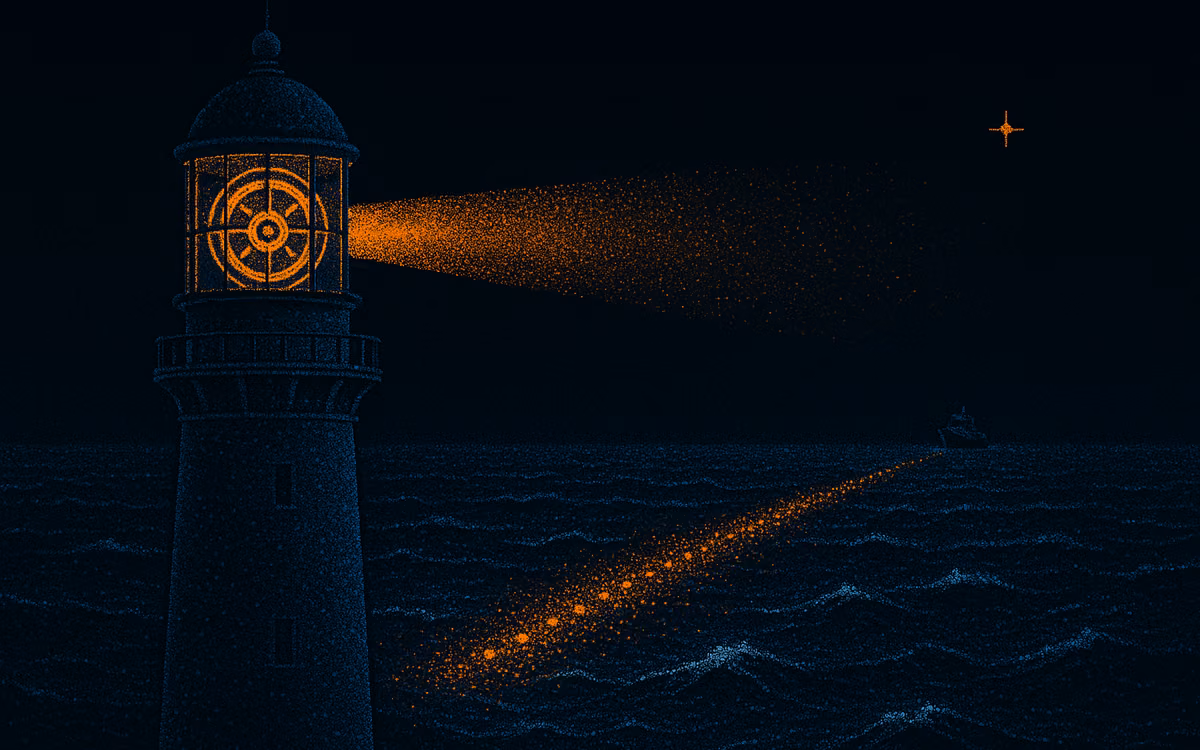 A lighthouse with its lamp room open like a clockwork engine, orange gears turning inside, one steady beam over a dark sea. Artwork from The Demand Compass.