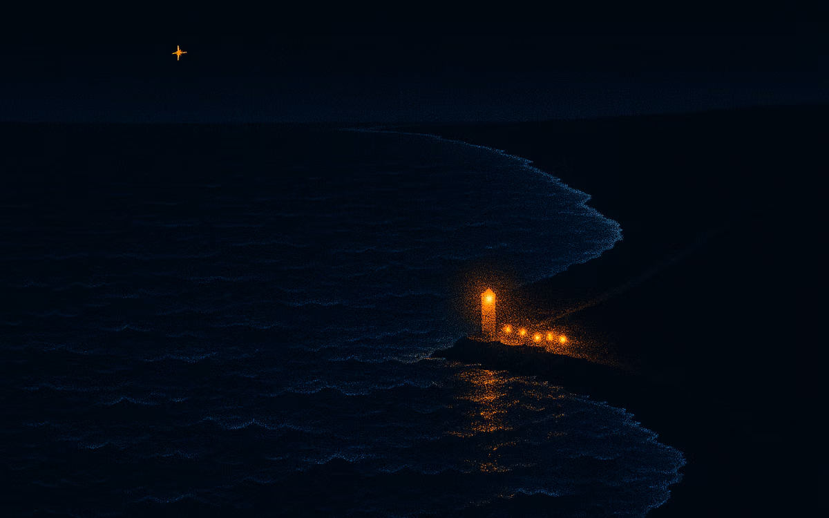A long dark coastline from above, only a short stretch lit by harbor lamps. Artwork in the style of The Demand Compass.