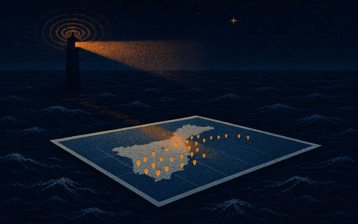 A lit chart on a dark dotted sea covered in small orange pins, a rotating lighthouse beam brightening the pins it sweeps over. Artwork from The Demand Compass.