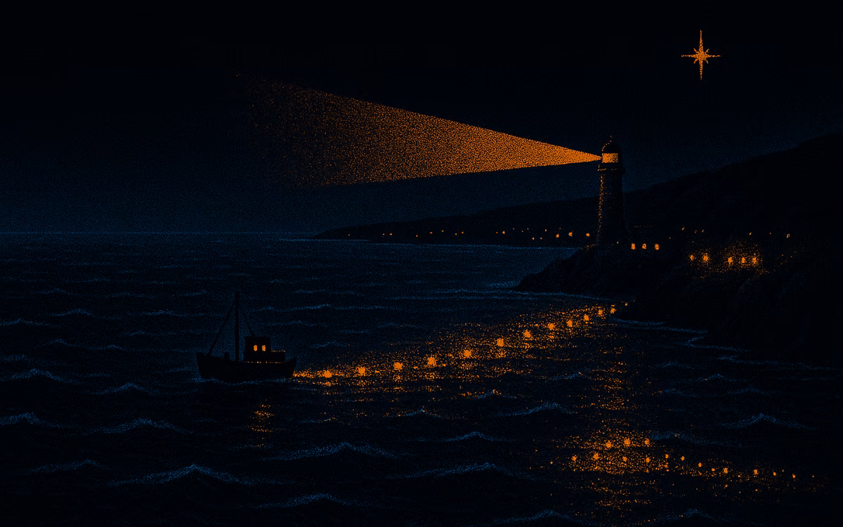 A ship leaving a trail of orange lanterns along a dark dotted coast, the nearest harbors beginning to glow. Artwork from The Demand Compass.