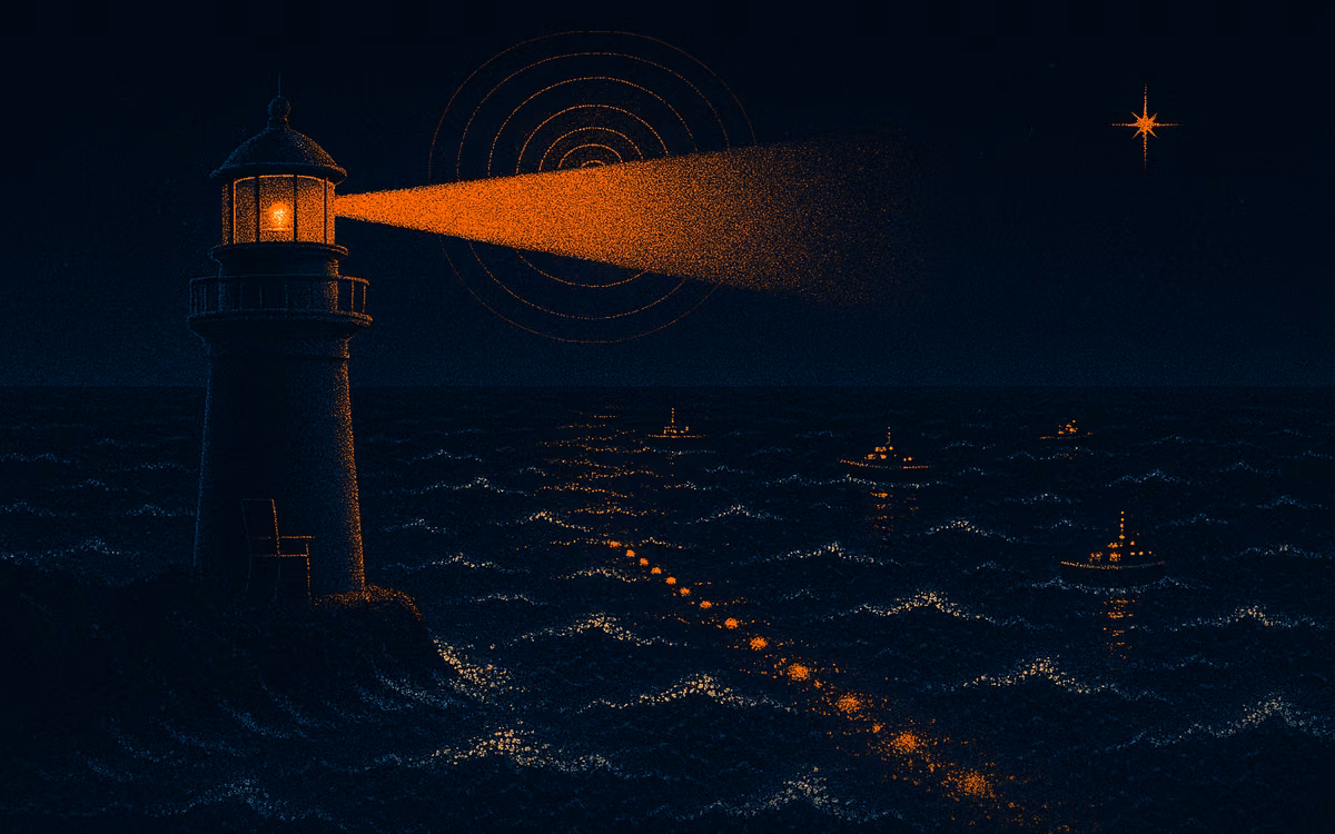 A lighthouse turning by itself on a dark shore, its orange beam lighting small ships across a dotted sea. Artwork from The Demand Compass.