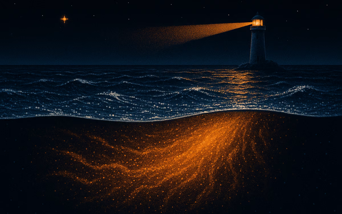 A calm dark sea with a lighthouse above the waterline and a glowing orange current moving beneath it. Artwork from The Demand Compass.