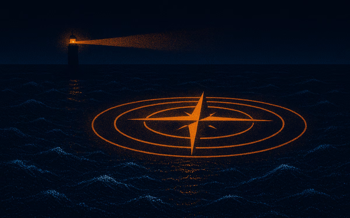 A compass rose of orange rings on a dark dotted sea, a lighthouse beam touching its edge. Artwork from The Demand Compass.