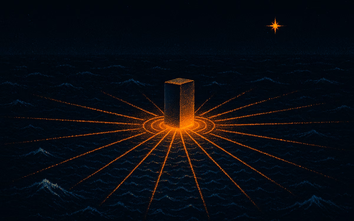 A stone breakwater in a dark dotted sea, thin orange channels of light flowing into it from every direction. Artwork from The Demand Compass.