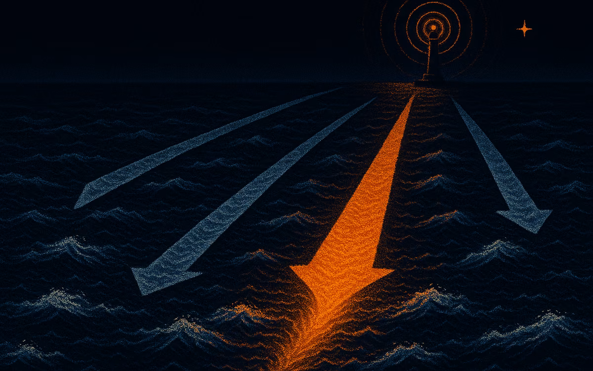Three tide gates in a dark dotted sea seen from above, a bright orange current flowing back through only one. Artwork from The Demand Compass.