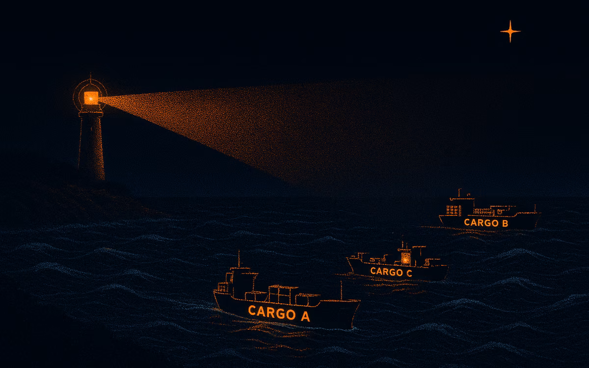 A lighthouse beam sweeping a dark sea, ships appearing as orange outlines inside the lit cone. Artwork from The Demand Compass.
