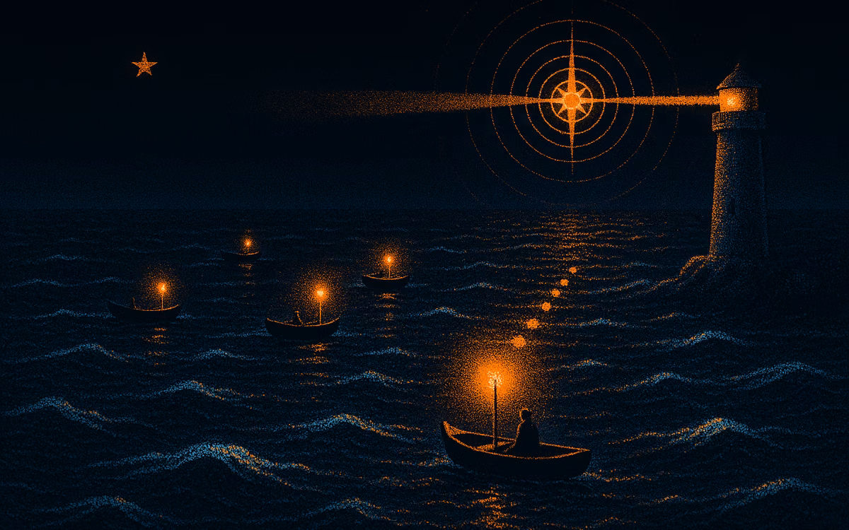Five small boats on a dark dotted sea with signal lanterns, the near ones bright orange and answered by a lighthouse. Artwork from The Demand Compass.