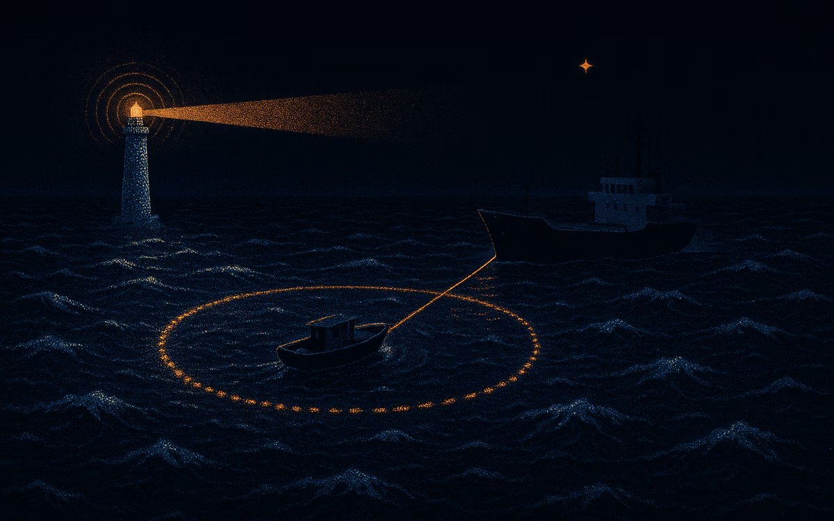 A small boat circling a ship on a dark dotted sea, a ring of orange dots closing before a line of light reaches the deck. Artwork from The Demand Compass.