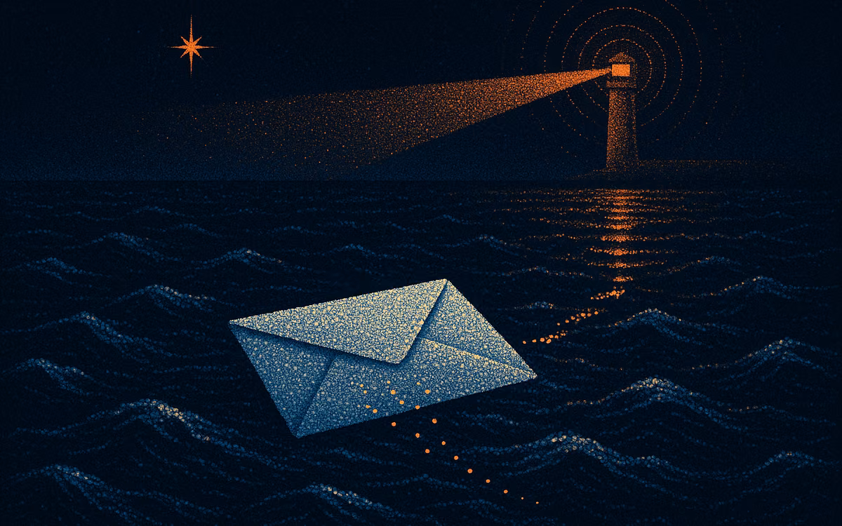 A sealed envelope on a dark dotted sea, small orange embers peeling off it and sinking, a lit harbor ahead. Artwork from The Demand Compass.