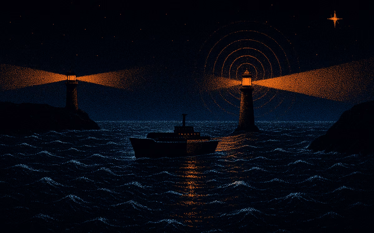 Two lighthouses lighting opposite halves of one ship in a dark bay, a dark seam where the beams do not meet. Artwork from The Demand Compass.