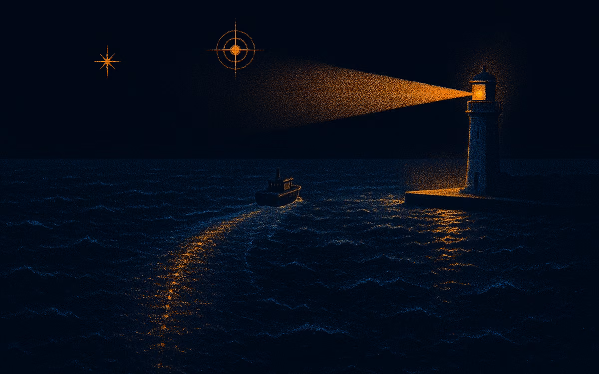 A long faintly glowing wake behind a ship arriving at a lit harbor, only the last meters marked bright. Artwork from The Demand Compass.