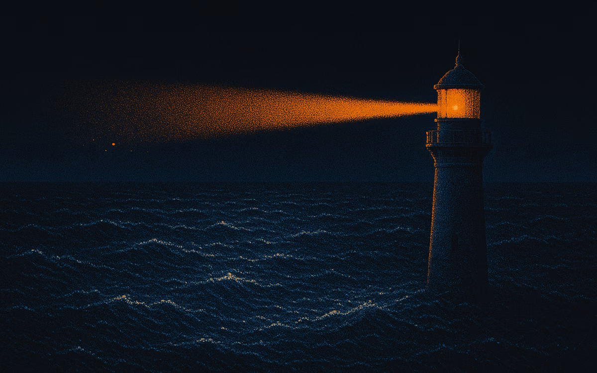 A lighthouse with one steady beam over the sea, brief sparks fading far away. Artwork in the style of The Demand Compass.