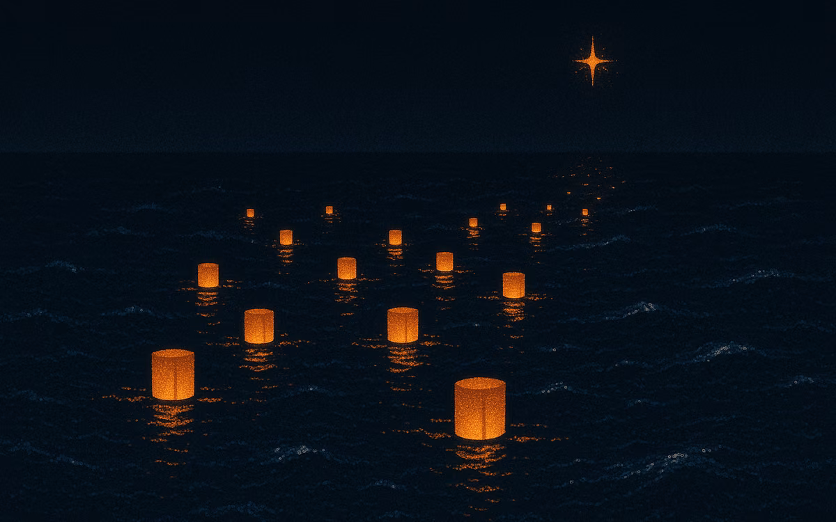 Orange lanterns drifting on a dark sea away from an empty shore. Artwork in the style of The Demand Compass.