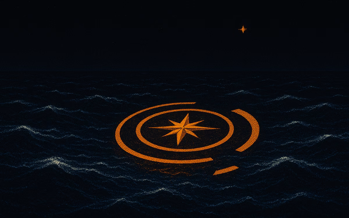 A compass rose of orange rings on a dark sea, its outer ring cracked. Artwork in the style of The Demand Compass.